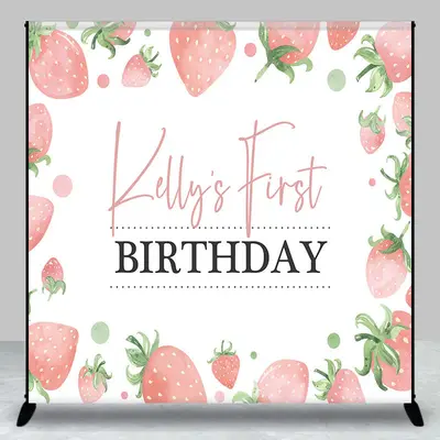 Custom White Pink Strawberry 1st Birthday Backdrop - Aperturee