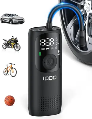 iDOO Cordless Tire Inflator, Portable 150PSI Air Compressor with Pressure Gauge & LED Light, Quick Inflation for Car Tires & ...