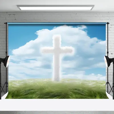 Aperturee Blue Sky Cloud Grass White Cross Easter Backdrop, 3X2FT(1MX0.6M), 14 USD, easter backdrops, NYHD6I10-M