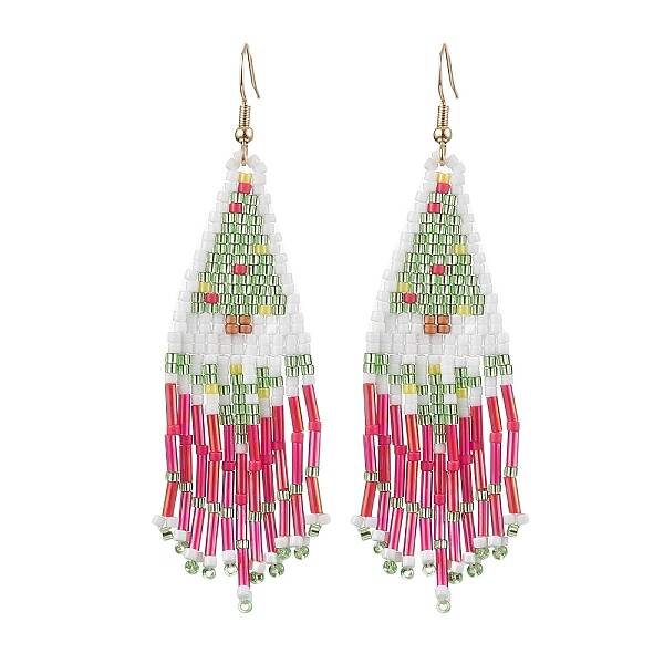 Christmas Tree Glass Seed Beaded Tassel Dangle Earrings for Women