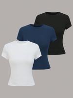 Women's Solid Round Neck Tee, Casual Short Sleeve Crew Neck T-Shirt for Summer, Fashion Women's Top for Daily Wear