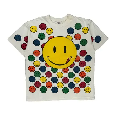 Single Stitch Smiley Face Delta Graphic T-Shirt - XL White Cotton