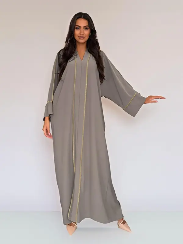 Arabic Clothing-Contrast Binding Batwing Sleeve Tunic Dress, Casual Long Sleeve V Neck Long Dress for Summer, Women's Islamic...