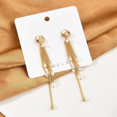 Brass ABS Plastic Pearl Tassel Stud Earrings