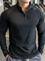 Men's Solid Half Zip Thumb Hole Design Sports Tee, Regular Fit Breathable Long Sleeve T-shirt for Gym Exercise Workout Runnin...