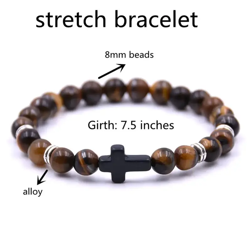 TTZZ Natural Stone Elastic Cross Bracelet - Prayer Bracelet for Women, Men, Boys & Girls with Adjustable 8mm Stone Beads and ...