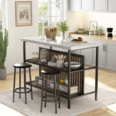 AWQM 3-Piece  Faux Marble Bar Table with 2 Chairs:,Kitchen Island Set, Storage Included. Ideal for Dining & Small Spaces