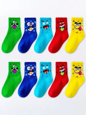 5 Pairs Kids Cartoon Crew Socks, Soft Breathable Sports Socks for Boys & Girls, All Seasons Wear, Colorful Design