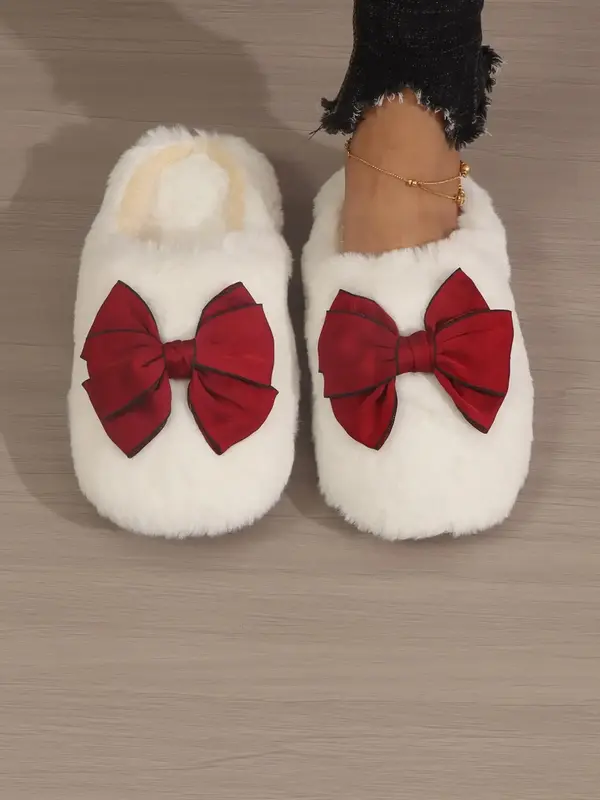 Women's White Bow Decor Soft Cushioned Slippers, Cute Comfort Plush Bedroom Slides for Fall & Winter, Girl Footwear Shoes, Gi...