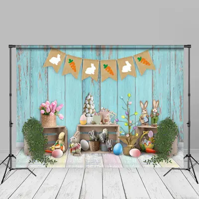 Rabbits Colorful Eggs Blue Wooden Wall Photo Backdrop - Aperturee