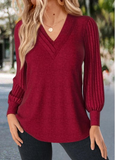 Modlily Red Patchwork Long Sleeve V Neck T Shirt - L