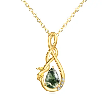 14K Gold Cubic Zirconia & Moss Agate Leaves & Infinity Symbol Pendant Necklace