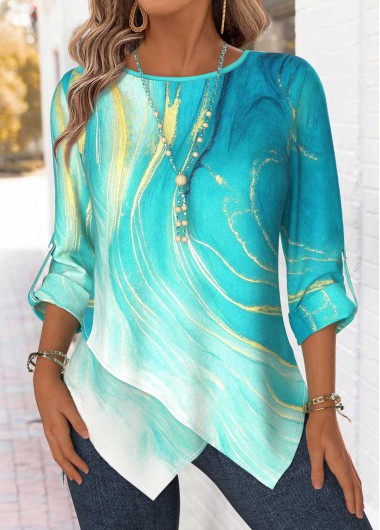 Modlily Mint Green Tummy Coverage Ombre Long Sleeve Blouse - L