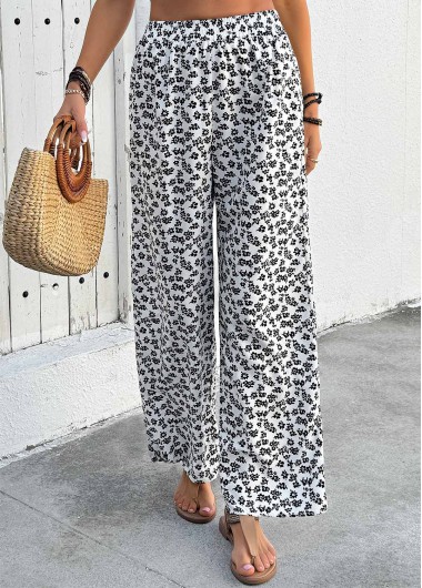 Modlily White Ditsy Floral Print Wide Leg Elastic Waist Pants - M