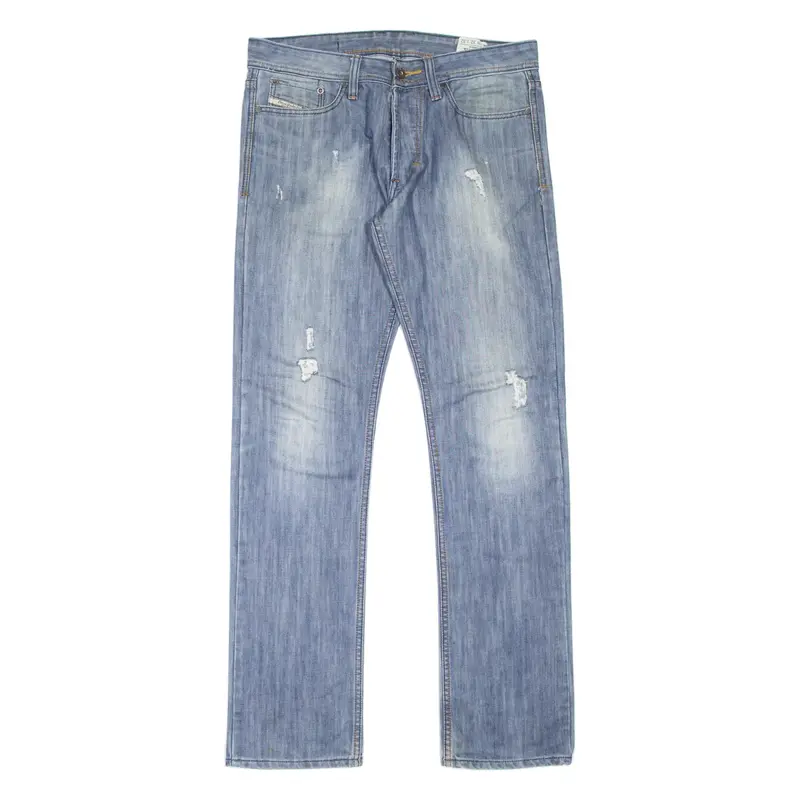 DIESEL Thanaz Distressed Mens Jeans Blue Regular Straight Stone Wash W32 L32