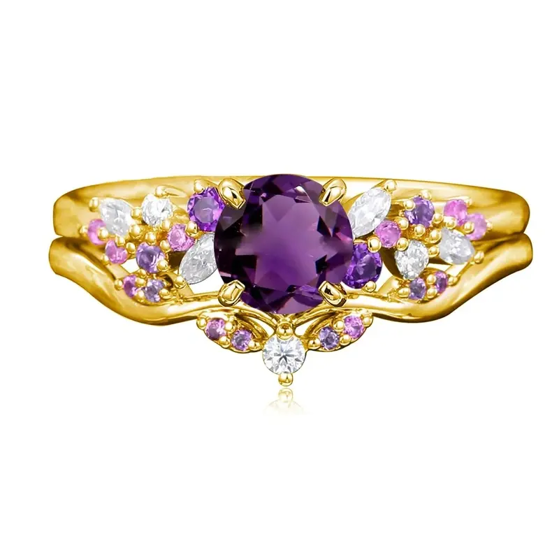 10K Gold 1CT Round Cut Gemstone Ivy Custom Bridal Set Vintage Promise Anniversary Ring Set