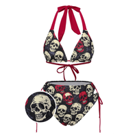 Retro Stage 1950S Women Red and Black Color-Block Halter Tie High-Waist Skull Bikini Swimsuit Perfect for Sunbathing Beach Va...