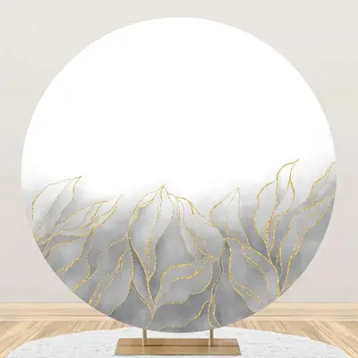 Grey Golden Leaves White Round Birthday Backdrop - Aperturee