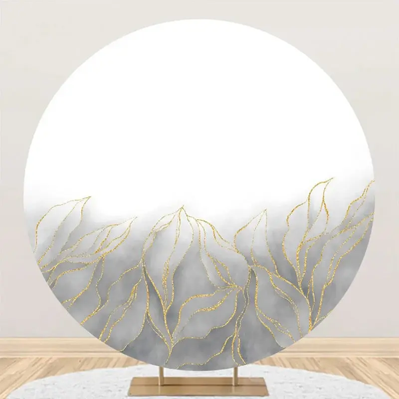 Grey Golden Leaves White Round Birthday Backdrop - Aperturee