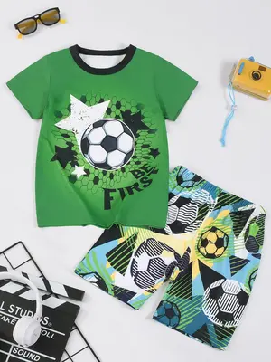 Boy's Cartoon Soccer Print Short Sleeve Tee & Shorts PJ Set, Casual Comfy Round Neck T-shirt & Shorts PJ Set, Kids Sleepwear ...