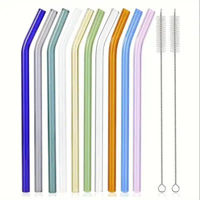 Reusable Colorful Glass Straw with Brush, 12pcs/set Including 10pcs Straw & 2 Counts Cleaning Brush, Drinkware Accessories fo...