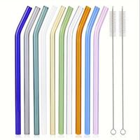 Reusable Colorful Glass Drinking Straw with Brush, 12pcs/set Including 10pcs Straw & 2 Counts Cleaning Brush, Modern Drinkwar...