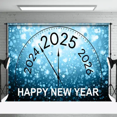 Blue Bubble Bokeh 2025 Clock Happy New Year Backdrop - Aperturee