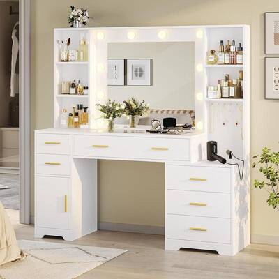 Sikaic 48.8 Inches Large Makeup Vanity Desk With Lighted Mirror & Power Outlet Glass Tabletop Bedroom Dressing Table