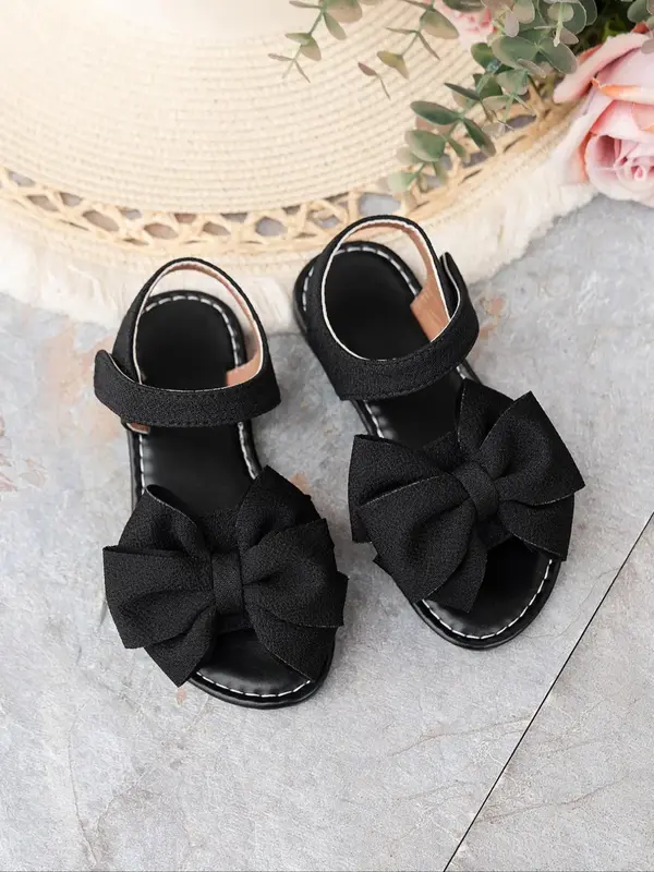 Girl's Cute Bowknot Design Black Sandals, Casual Fashionable Comfortable Sandals for Women for Summer, New Style Casual All-m...