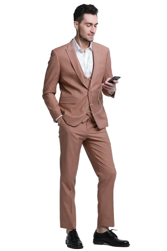 Peach Men's Slim Fit Wedding Suit with Peak Lapel Vest
