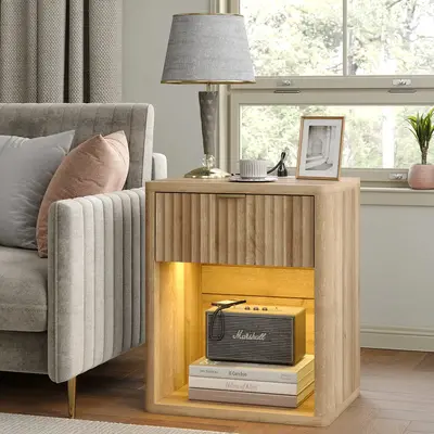 FUSOU Night Stand with Charging Station, Large LED Nightstand with Drawer and Storage Shelf, Lighting Modes Adjustable, Moder...