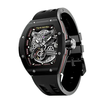TSAR BOMBA Men's Automatic Skeleton Watch | Interchangeable Luxury Design | Black | Atomic TB8218 | Stainless Steel
