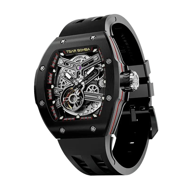 TSAR BOMBA Men's Automatic Skeleton Watch | Interchangeable Luxury Design | Black | Atomic TB8218 | Stainless Steel