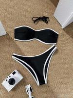 Two-Piece Set Women's Solid Color Contrast Binding Bandeau Bikini Set with Removable Straps, Casual Fashion Backless Swim Bra...