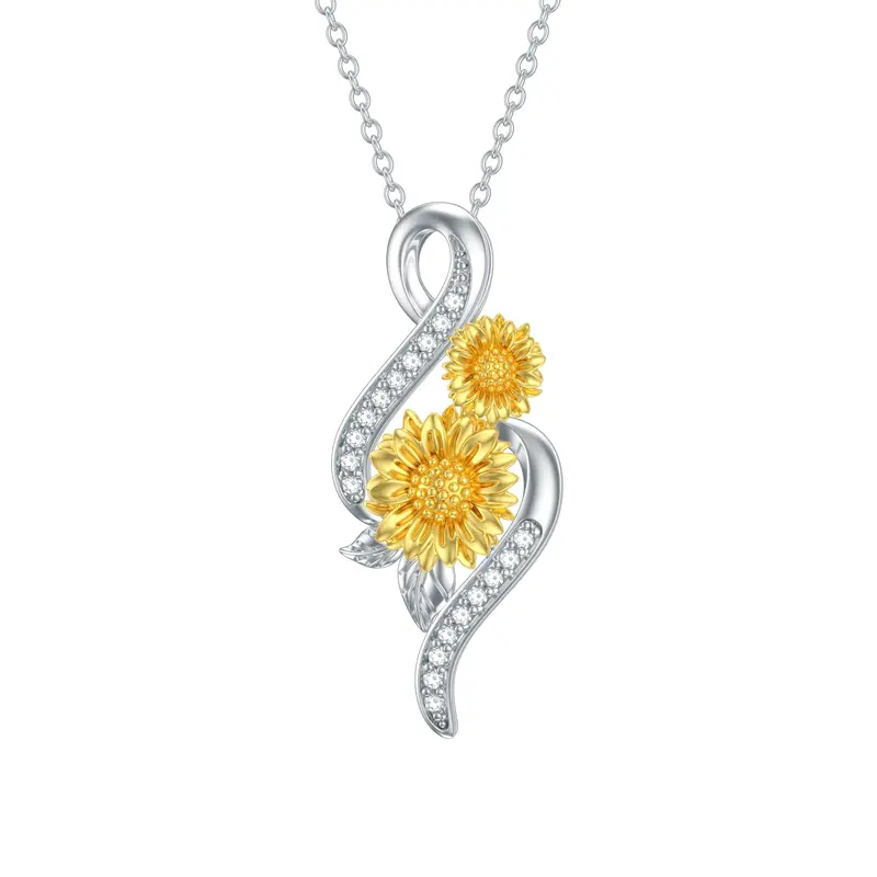 Sterling Silver Two-tone Circular Shaped Diamond Sunflower & Infinity Symbol Pendant Necklace