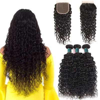 Best Water Wave 3 Bundles with Closure Brazilian Human Hair-AshimaryHair.com