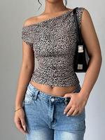 Women's Leopard Print Crop Tee, Casual Asymmetrical Neck T-shirt for Daily Wear, Ladies Clothes for All Seasons, Womenswear, ...