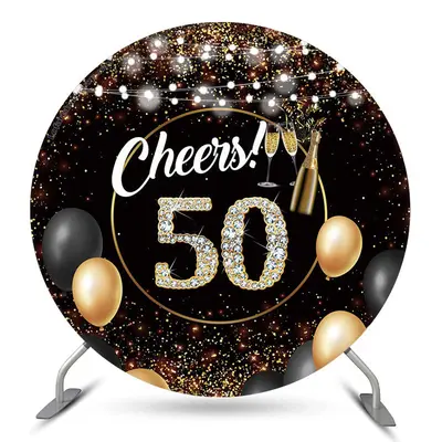 Aperturee Cheers Black Golden Circle 50Th Birthday Backdrop | Round Backdrop Stand Covers | Custom Round Backdrop | Round Bac...