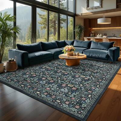 Garvee Washable 8x10 Area Rug Vintage Floral Non-Slip Low Pile Stain Resistant Soft Carpet for Living Room Bedroom Dining Roo...