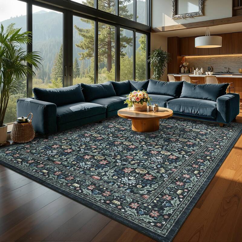 Garvee Washable 8x10 Area Rug Vintage Floral Non-Slip Low Pile Stain Resistant Soft Carpet for Living Room Bedroom Dining Roo...