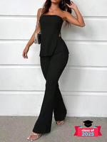 Two-Piece Set Women's Solid Split Hem Strapless Tube Top & High Waist Pants Set, Soft Elegant Fashion Casual Two Piece Out...