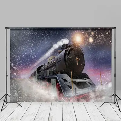 Running Train Winter Night Christmas Party Backdrop - Aperturee