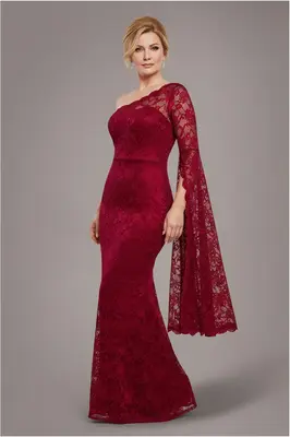 Goddiva One Shoulder Scalloped Neck Maxi Dress - Wine