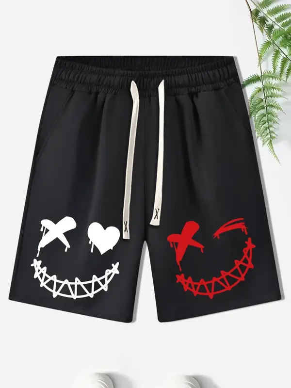 Men's Cartoon Print Drawstring Shorts, Regular Fit Street Pocket Elastic Waist Shorts, Summer Clothes, Men's Shorts, Streetwe...