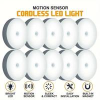 10 LEDs Motion Sensor Light, USB Rechargeable Round LED Light, Dimmable Night Light for Bathroom, Storage Cabinet, Stairway, ...