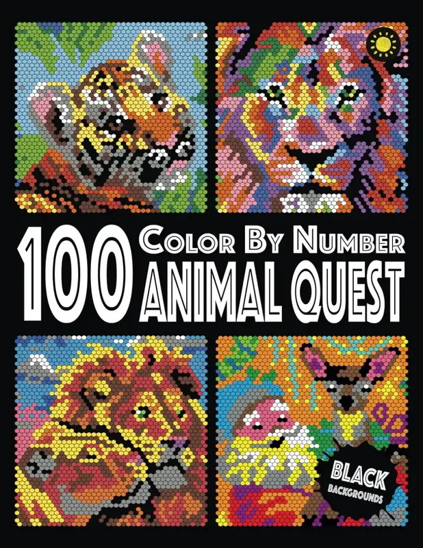 100 Animal Quest Color By Number Activity Book with 12-Color Palette - Black Backgrounds