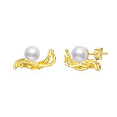 Sterling Silver with Yellow Gold Plated Pearl Bead Stud Earrings