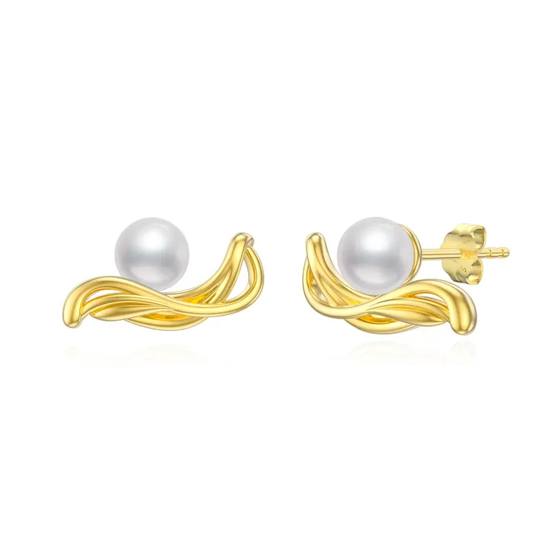 Sterling Silver with Yellow Gold Plated Pearl Bead Stud Earrings