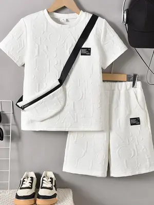 Three-piece Set Boy's Letter Pattern Co-ord Set, Casual Short Sleeve T-shirt & Shorts & Crossbody Bag, Summer Clothes for Kid...