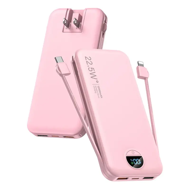 Ultra-Thin 12,000mAh Power Bank with Built-in AC Plug & Cable, USB-C PD20W Fast Charging, LED Digital Display, Portable Charg...